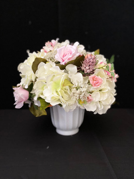Soft Pink Floral Centerpiece, Faux Hydrangea Rose Arrangement