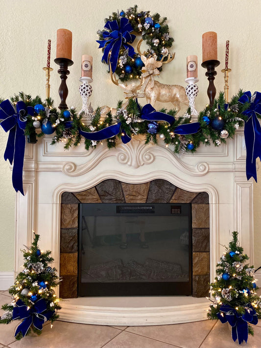 Set of 4pc,  Christmas Blue Velvet Wreath, Garland and 2 Topiaries. Cordless, Pre-lit, Pre-Decorated,