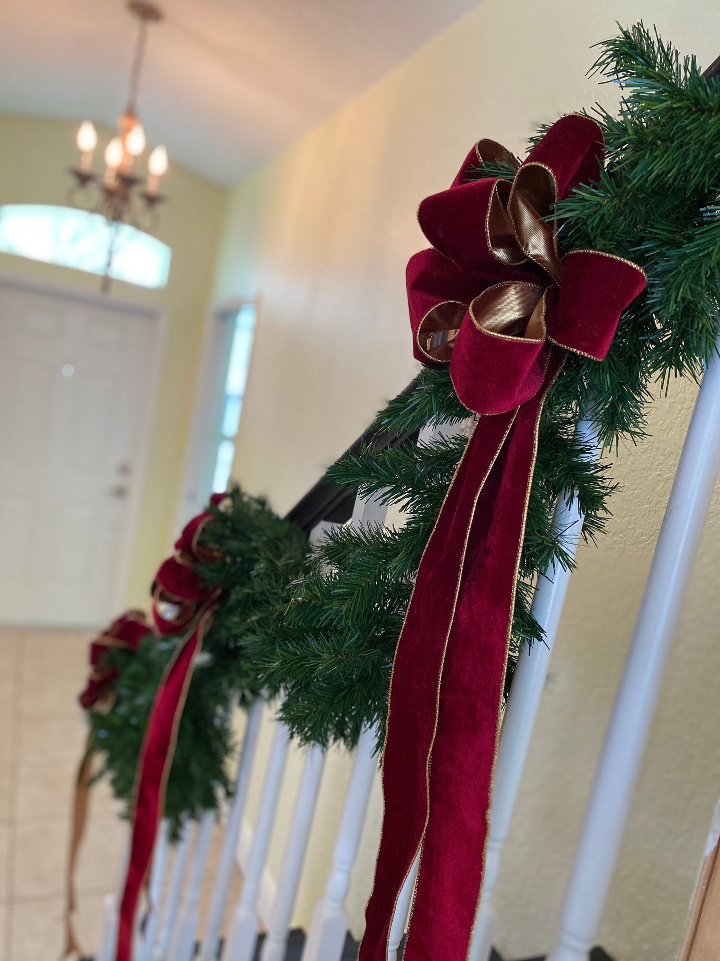 Holiday Staircase Bows, Set of 3, Red Velvet with Gold Trim