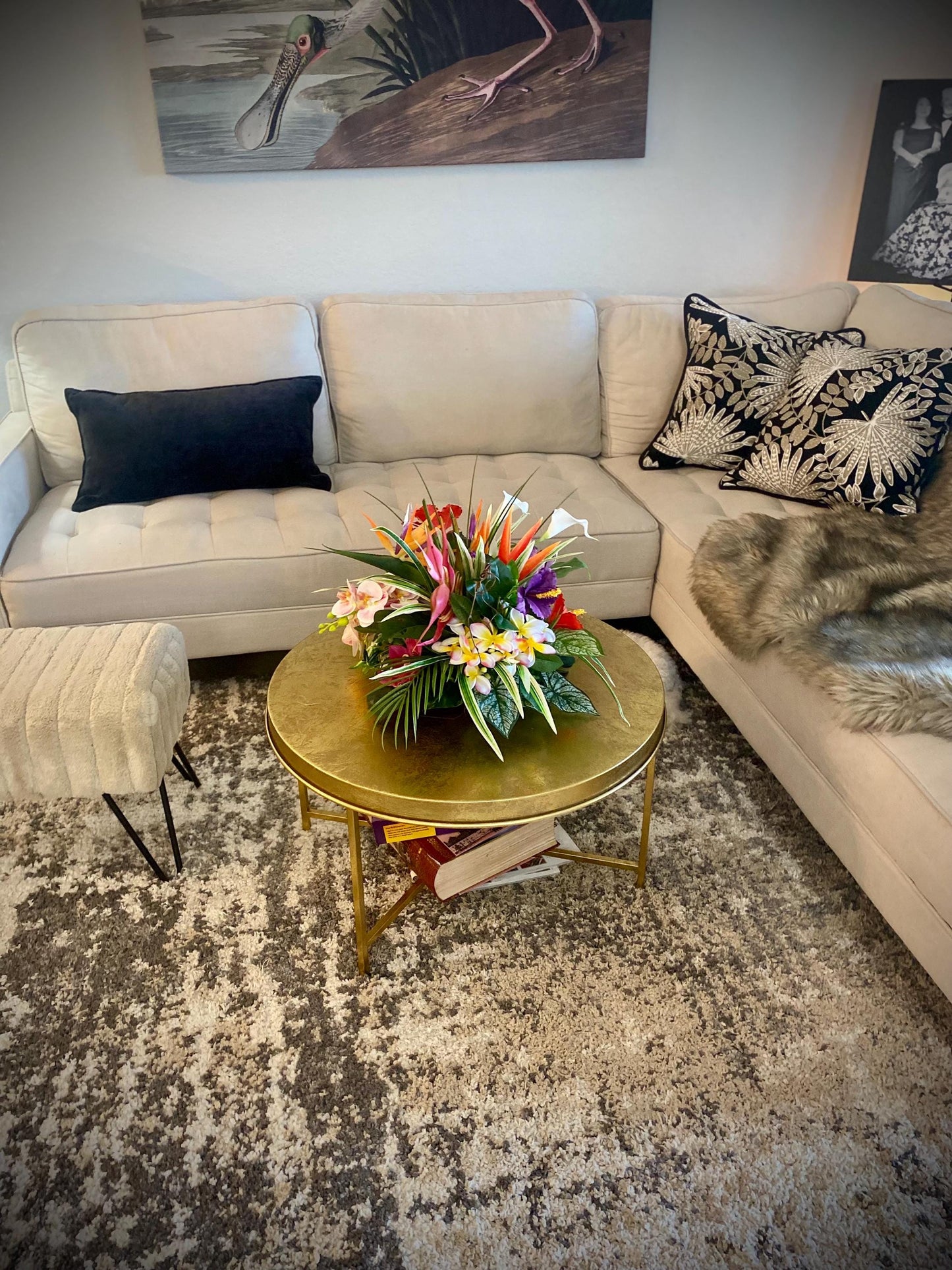 Hibiscus Paradise . 19x19x15  Tropical Centerpiece.  Beautiful Bird of paradise, King Protea,  Hibiscus, Orchids stems.  Artificial, Faux.