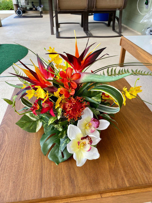 Tropical Floral Centerpiece, Bird of Paradise, Cymbidium Orchid