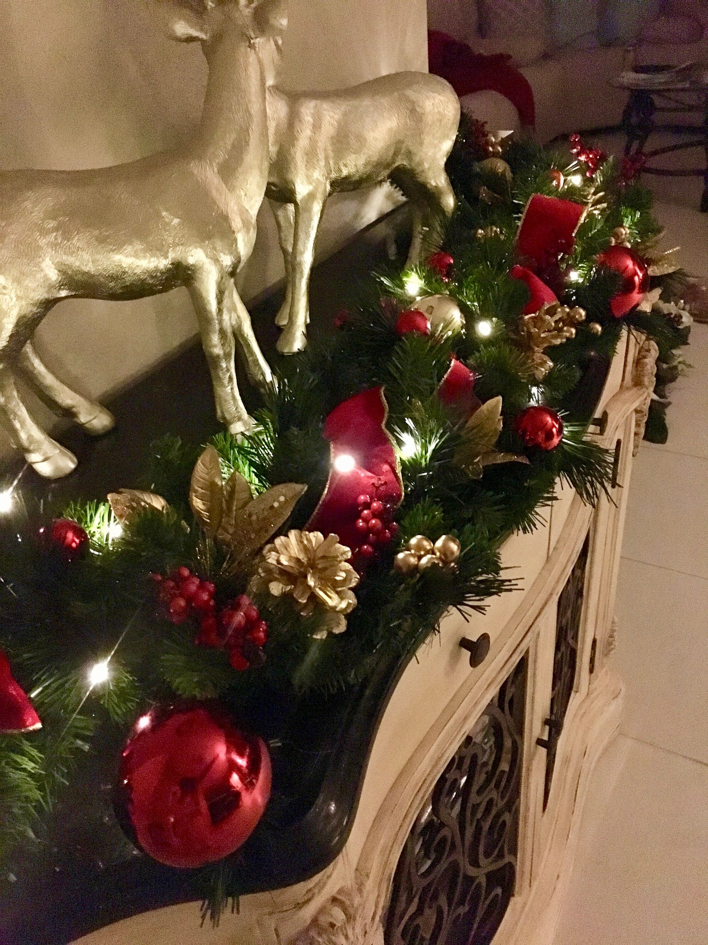 Red Velvet Christmas Garland, 5ft, 48 LED Lights with Timer