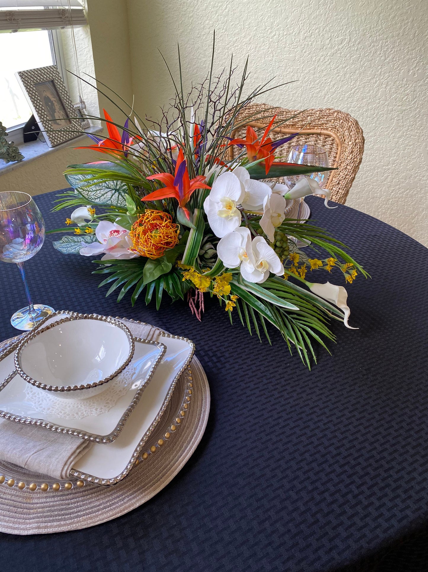 Tropical Bird of Paradise Centerpiece, Faux Orchid Coral Fan, 30"