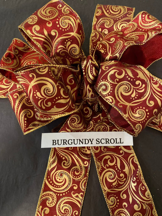 Velvet Christmas Bow, Burgundy Gold Scroll, Wire Edge Ribbon