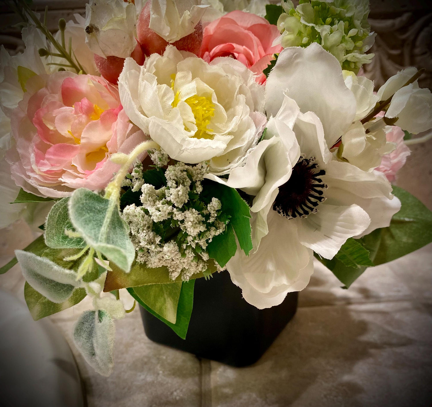 50% off Beautiful Ranunculus Nosegay in black glass cube. Baby Pink, Artificial ,  9"x9"