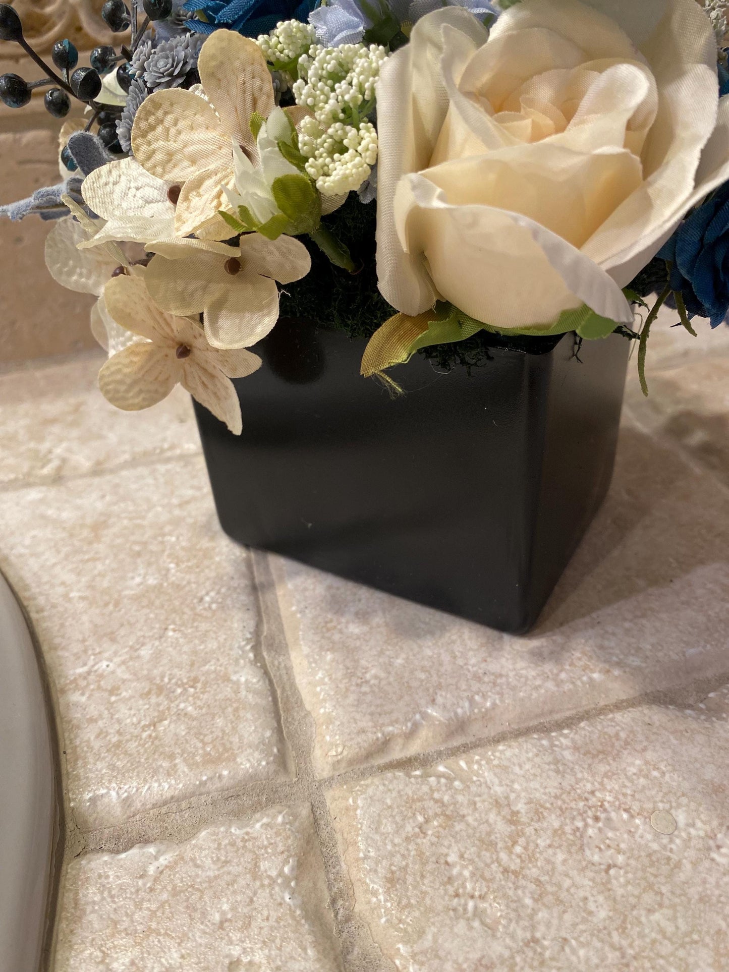 Little Blue Pavey Nosegay Beautiful Ranunculus and roses in black glass cube. Baby blue and ivory, Artificial ,  7"x7"