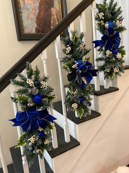 Luxury 3 pc Set Royal Blue Christmas Swag for Stairs,  Pre Lit with Automatic Timer Free Shipping,Artificial Vertical Swags.