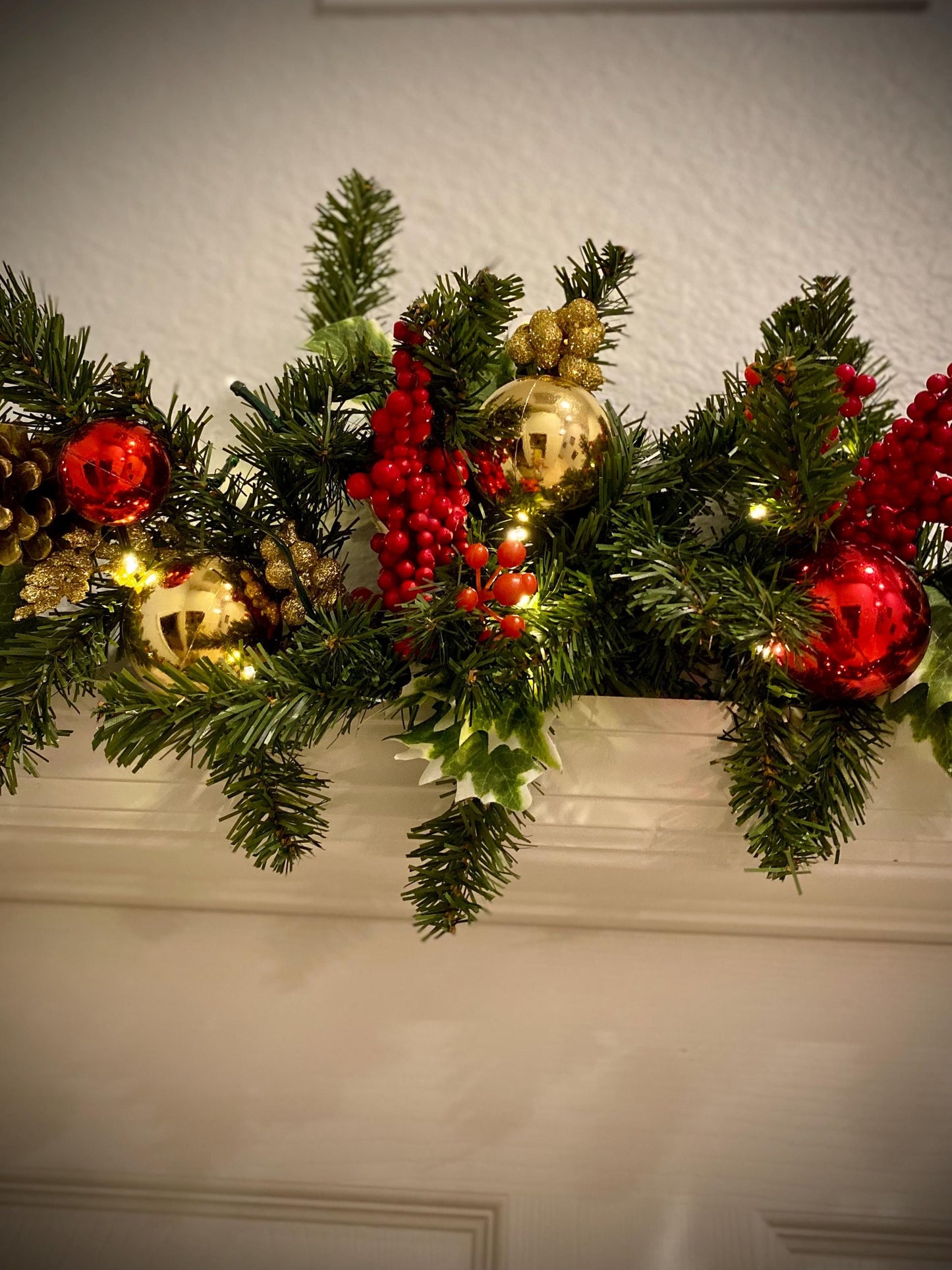 Economical Holiday Decor Set. Artificial and Simple Pre Decorated Pre Lighted Wreath with 9' Garland Included Cordless Light with Timer.