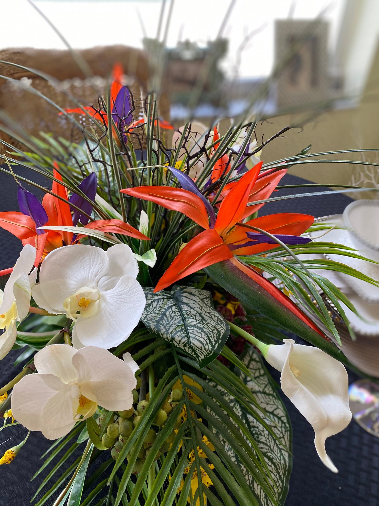 Tropical Bird of Paradise Centerpiece, Faux Orchid Coral Fan, 30"