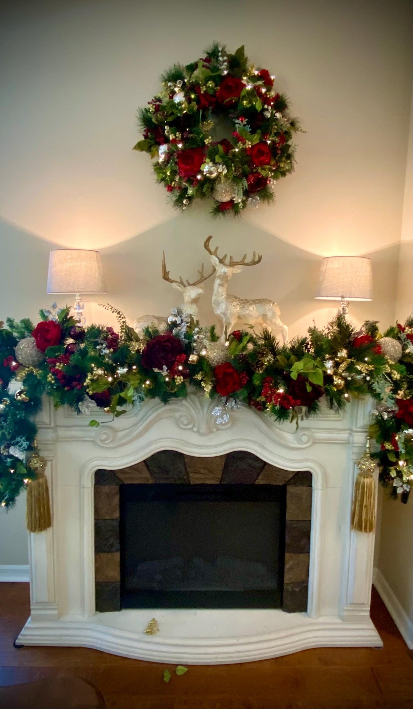 Luxury Red Peony Christmas Wreath and Garland Set, Cordless Pre-lit Decor
