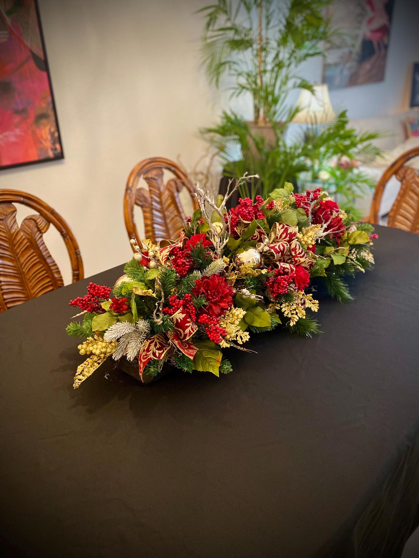 Luxury XL Holiday  Table Centerpiece . Artificial 45”  long  Velvety Wine Red flwerlet . Perfect  for a large table.