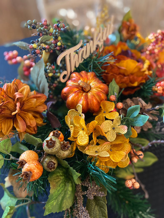 Beautiful basket Centerpiece for fall.   # Pumpkin and Peony Centerpiece.  Silk Arrangement, FREE SHIPPING, Peony  Pumpkins Arrangement