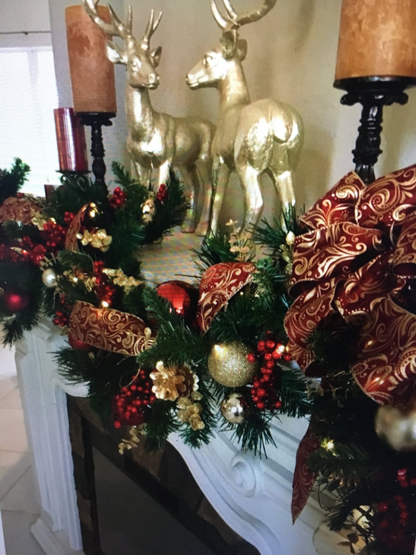 Christmas Garland, Elegant Burgundy Scroll Bow, 48 LED Light, Cordless