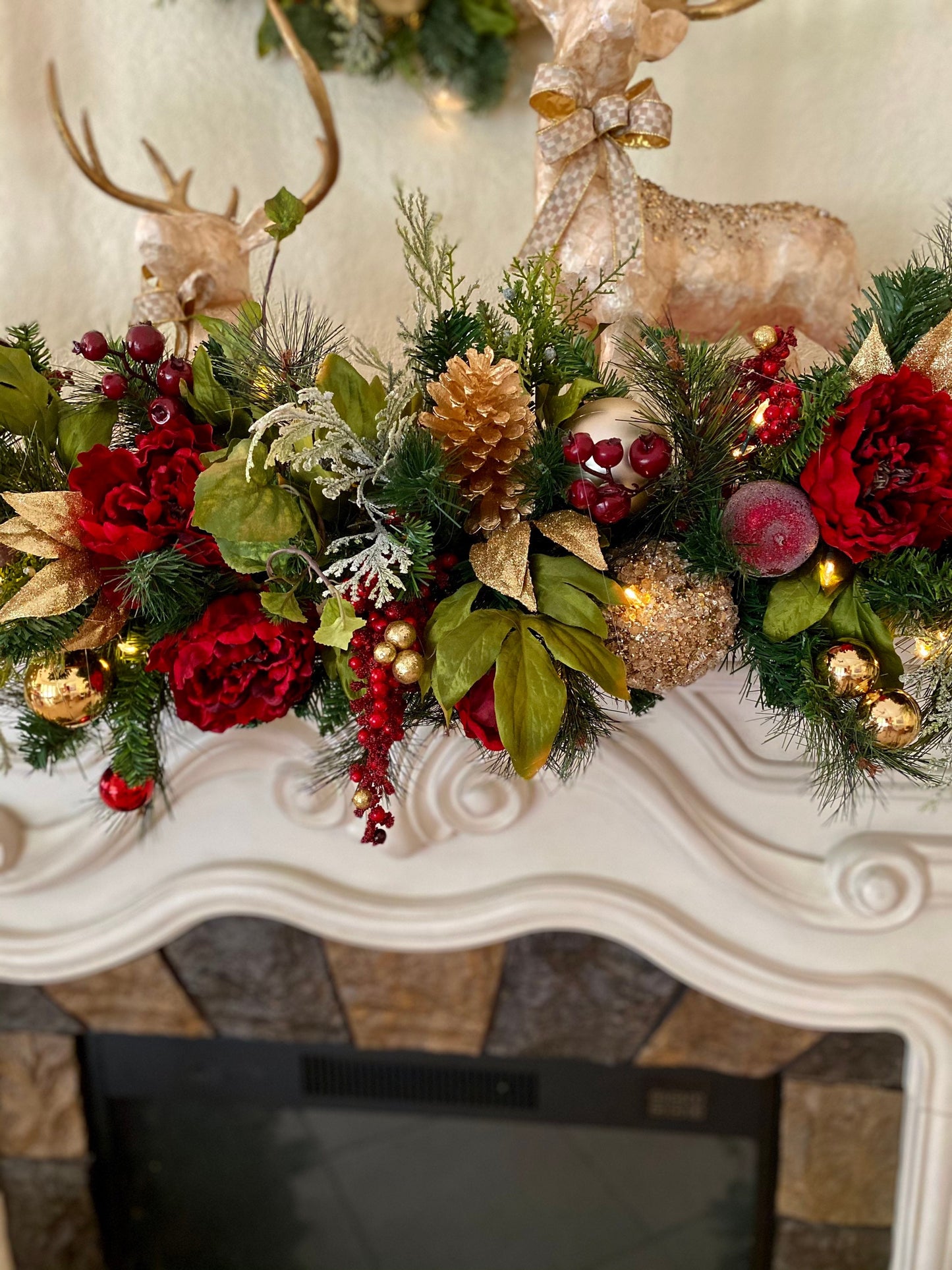Signature Dark Red Peony Christmas Decor, 4PC Set. Silk Luxury Wine Red Peonies Mix , Wreath, Garland, 2 Trees, Cordless, Pre-lit,
