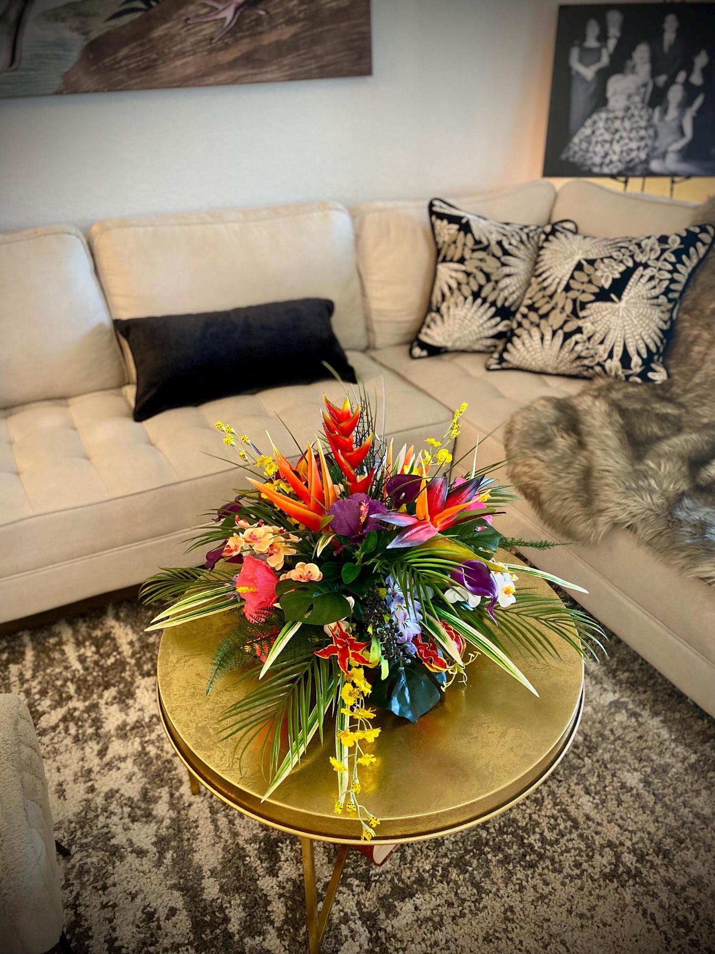 Hawaii Breeze Heliconia and Coral Fan Faux Large Floral Centerpiece, Tropical Arrangement . Artificial Flower Arrangement.