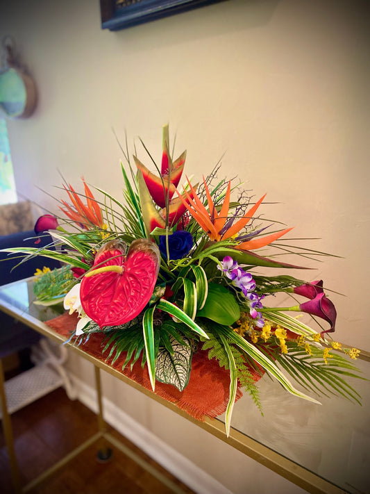 Heliconia and Blue Paradise Accent. Amazingly life like Arrangement. Artificial. Bird of paradise, Orchid and Coral fan. 30"x16"x17" h