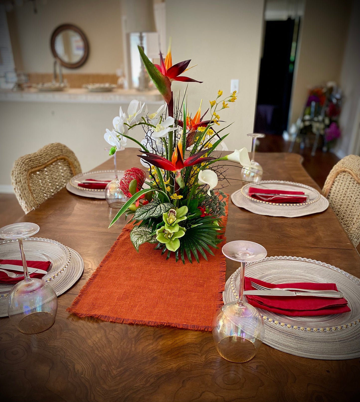 Exotic Elegant. Bird of paradise, Sea-fan, Succulent Tropical Centerpiece. Artificial. 24x13” 3 pounds. Great for medium dining table size.
