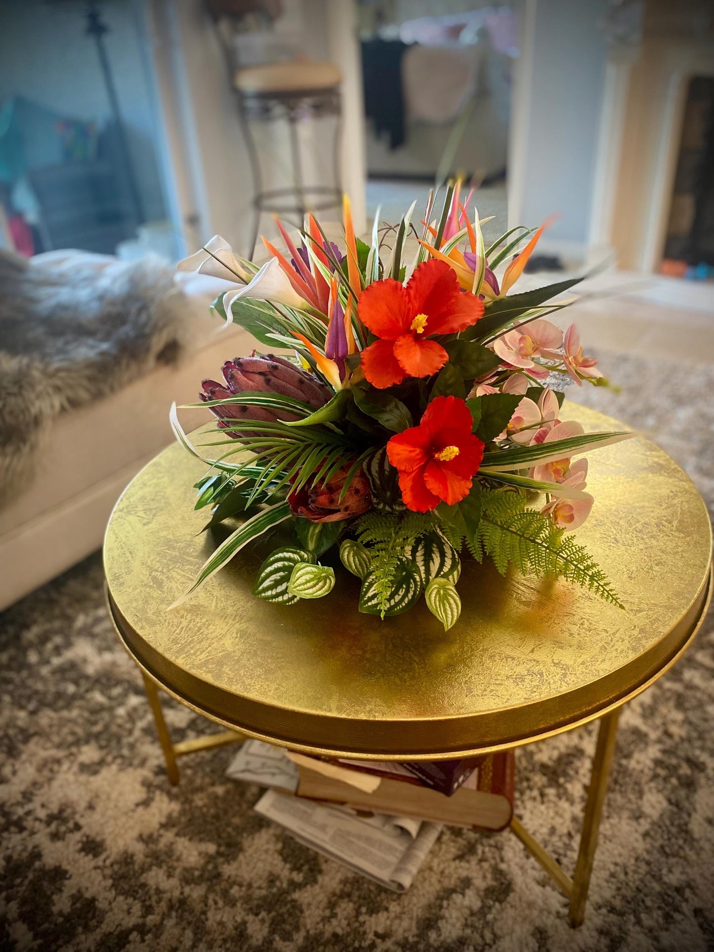 Hibiscus Paradise . 19x19x15  Tropical Centerpiece.  Beautiful Bird of paradise, King Protea,  Hibiscus, Orchids stems.  Artificial, Faux.