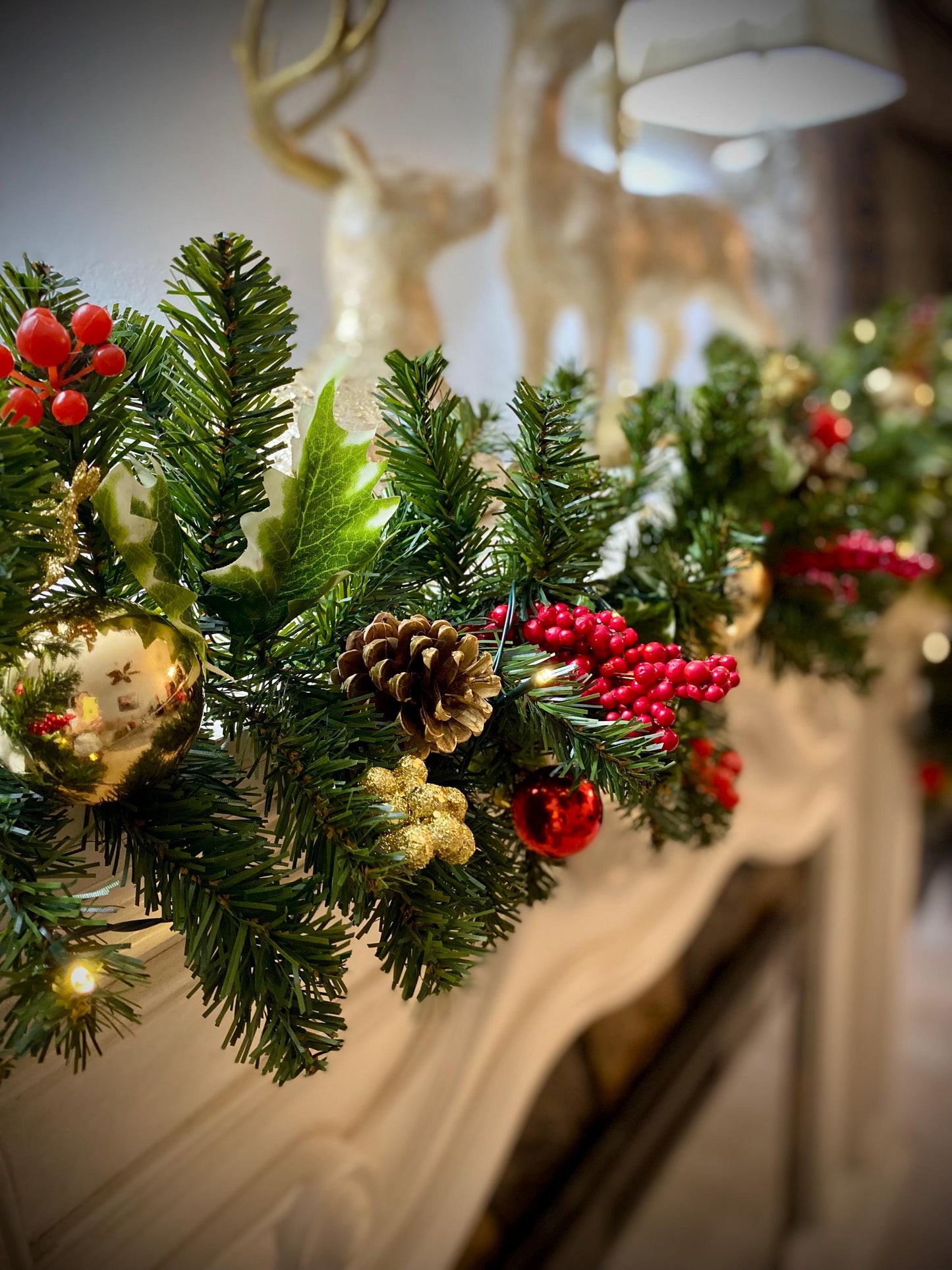 Economical Holiday Decor Set. Artificial and Simple Pre Decorated Pre Lighted Wreath with 9' Garland Included Cordless Light with Timer.