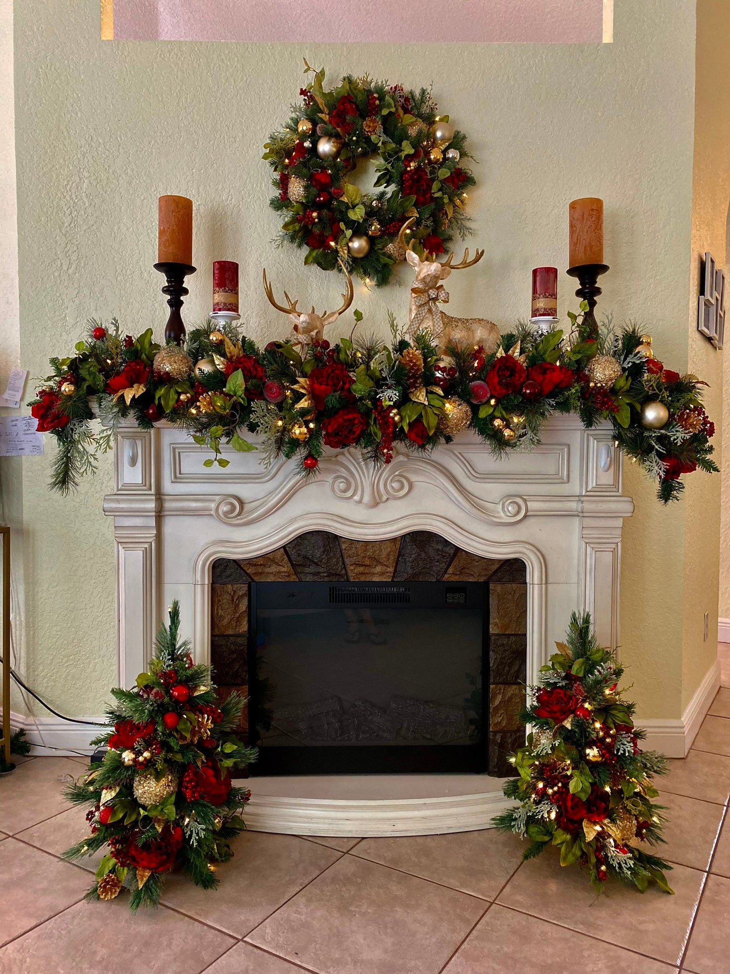 Signature Dark Red Peony Christmas Decor, 4PC Set. Silk Luxury Wine Red Peonies Mix , Wreath, Garland, 2 Trees, Cordless, Pre-lit,