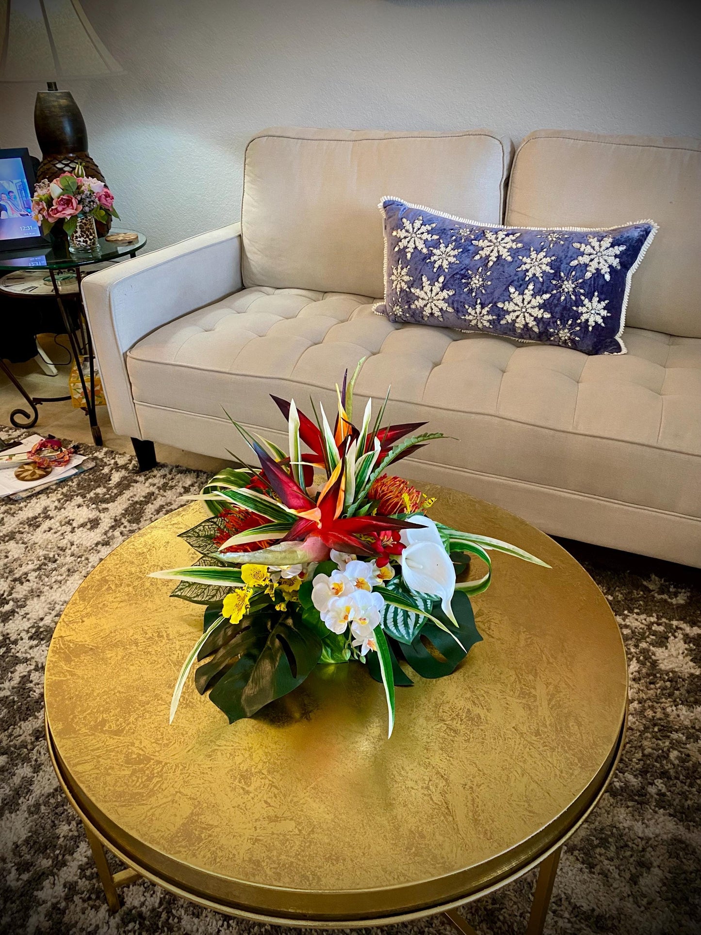 Low profile Tropical Floral Centerpiece, Bird of Paradise and  Orchid 15” diameter  11” height