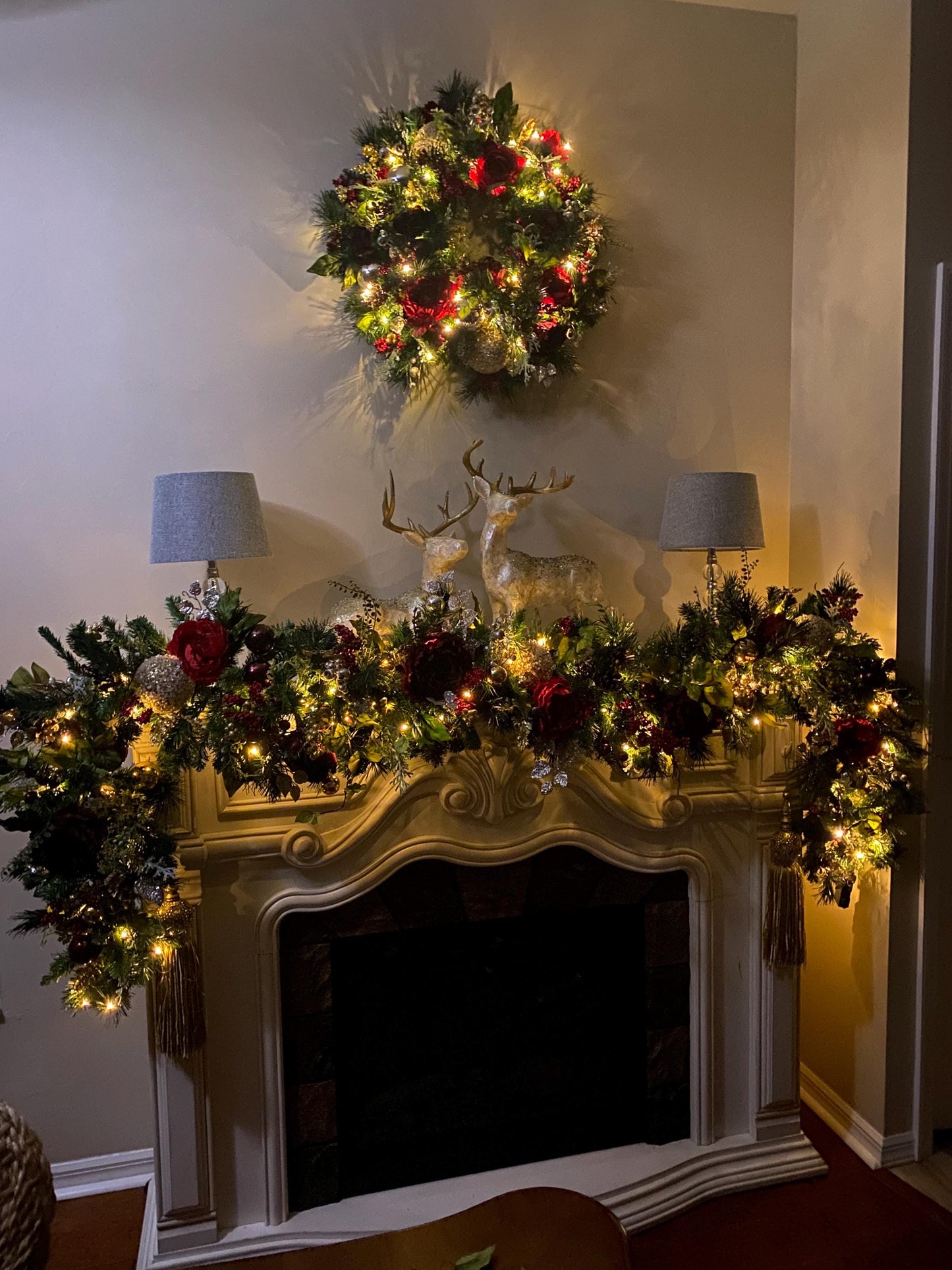 Luxury Red Peony Christmas Wreath and Garland Set, Cordless Pre-lit Decor