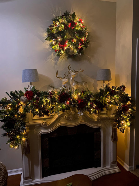 Luxury Red Peony Christmas Wreath and Garland Set, Cordless Pre-lit Decor