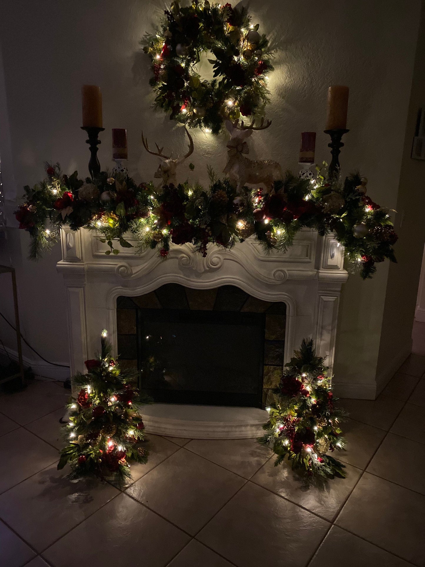 Signature Dark Red Peony Christmas Decor, 4PC Set. Silk Luxury Wine Red Peonies Mix , Wreath, Garland, 2 Trees, Cordless, Pre-lit,