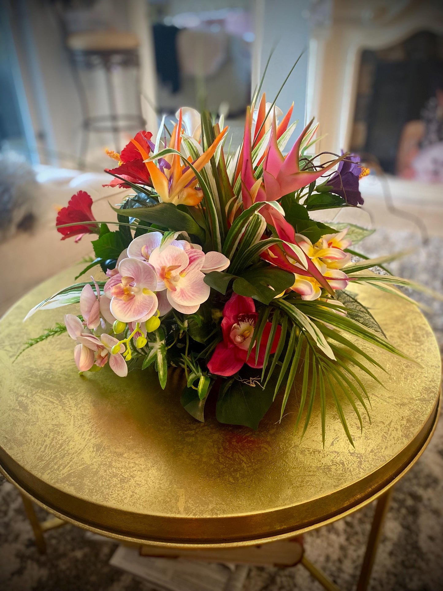 Hibiscus Paradise . 19x19x15  Tropical Centerpiece.  Beautiful Bird of paradise, King Protea,  Hibiscus, Orchids stems.  Artificial, Faux.