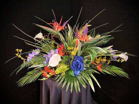 Blue and Blue  Floral Centerpiece, Tropical Bird of Paradise Arrangement. Artificial