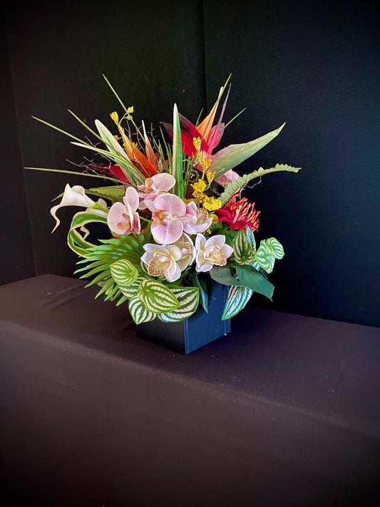 Bird of Paradise and Orchid in 5 inch black cube.   Artificial Colorful Exotic summer arrangement. Wedding Centerpiece.  16"hx15" diameter.