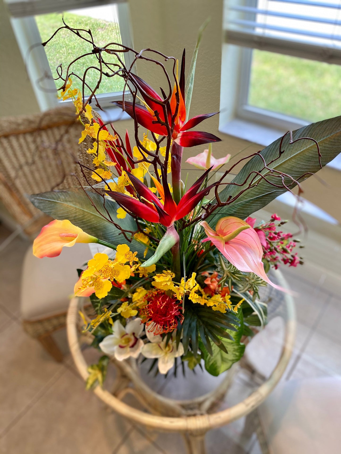 Luxury Tropical Bird of Paradise Centerpiece, Orchid & Anthurium Arrangement