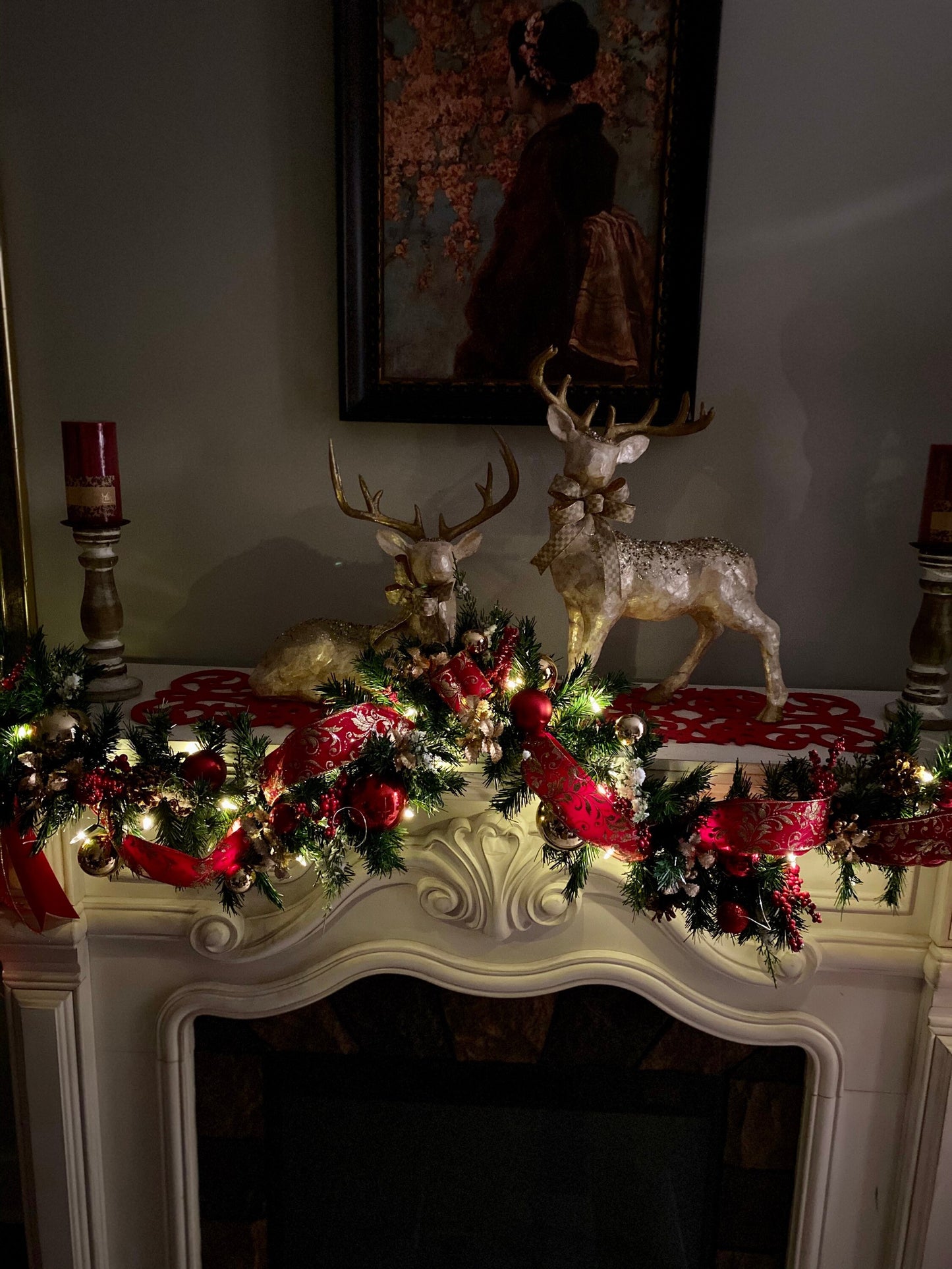 Christmas Garland for Mantle, Silk, Pre-Decorated, Pre-Lit Battery Operated Light with Auto on/off Timer, Free Shipping, # Feather garland