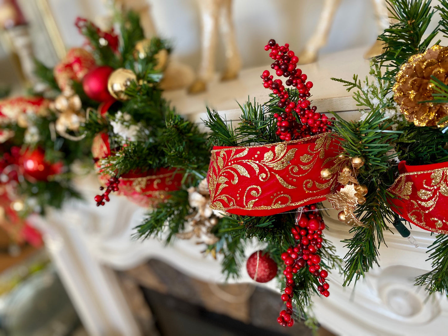 Christmas Garland for Mantle, Silk, Pre-Decorated, Pre-Lit Battery Operated Light with Auto on/off Timer, Free Shipping, # Feather garland