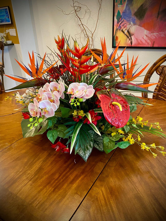 XL tropical arrangement with black wooden vessels. Heliconia, Bird of Paradise and Coral Fan.  Faux Floral Centerpiece,  (36x20x20) 8 pounds
