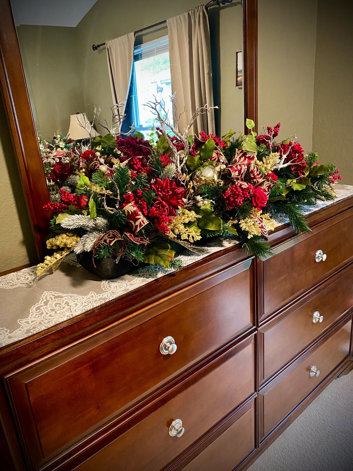 Luxury XL Holiday  Table Centerpiece . Artificial 45”  long  Velvety Wine Red flwerlet . Perfect  for a large table.