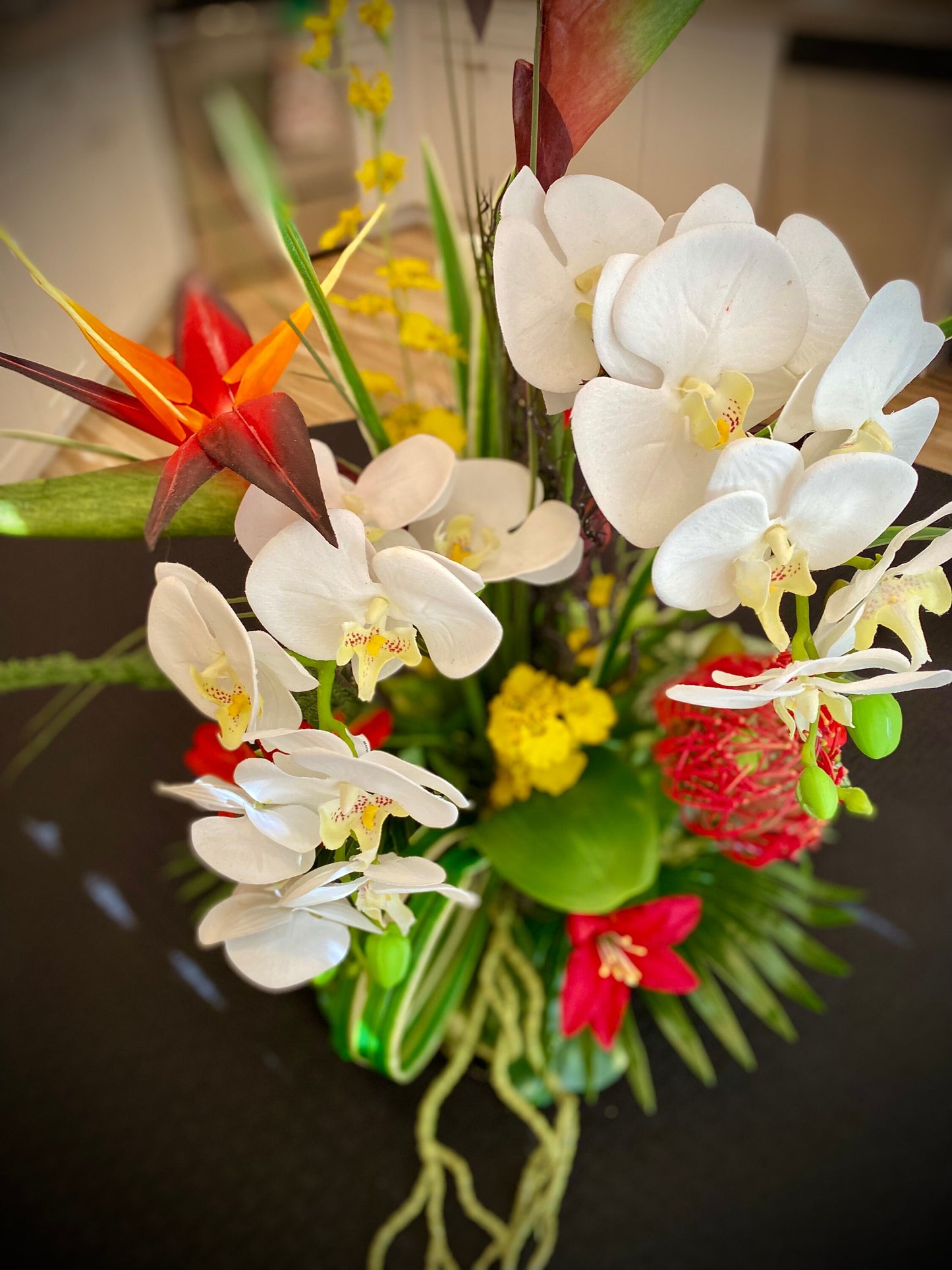 Exotic Elegant. Bird of paradise, Sea-fan, Succulent Tropical Centerpiece. Artificial. 24x13” 3 pounds. Great for medium dining table size.