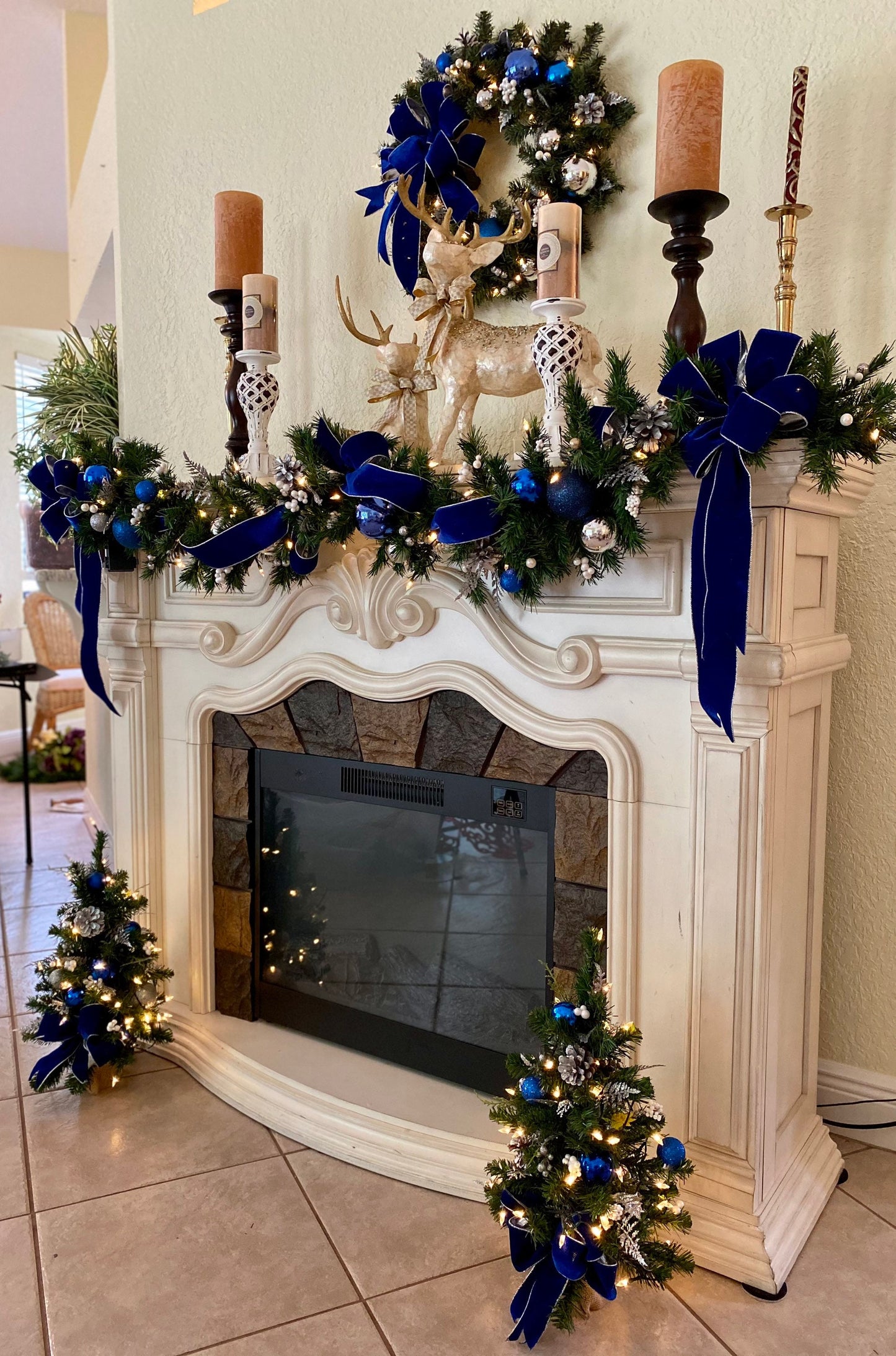 Set of 4pc,  Christmas Blue Velvet Wreath, Garland and 2 Topiaries. Cordless, Pre-lit, Pre-Decorated,