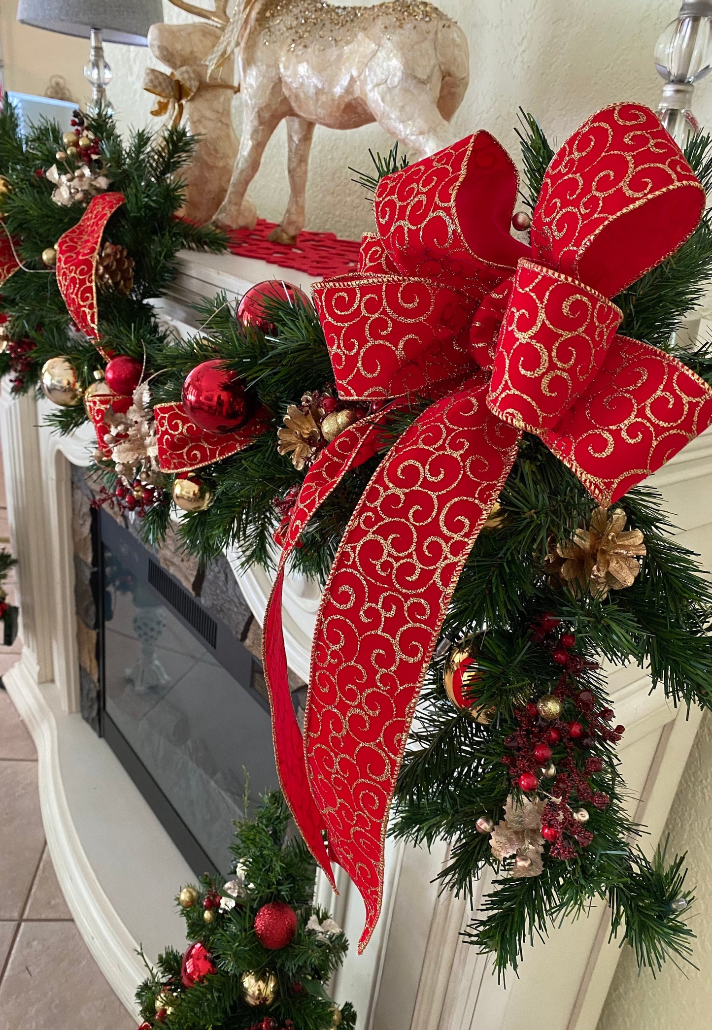 Red Swirl Ribbon Set of 4pc, Garland and 2 Topiaries. FREE SHIPPING. Cordless, Pre-lit, Timer.