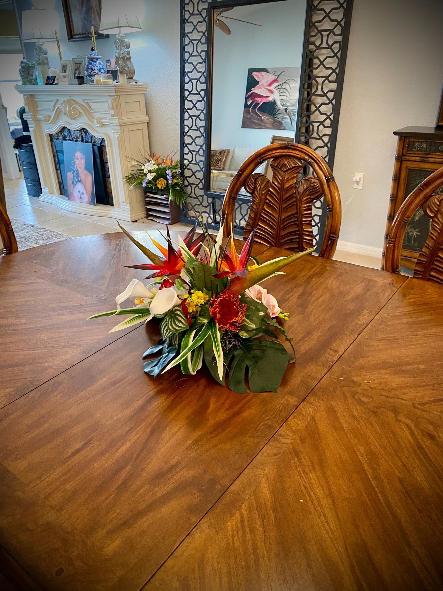 Low profile Tropical Floral Centerpiece, Bird of Paradise and  Orchid 15” diameter  11” height