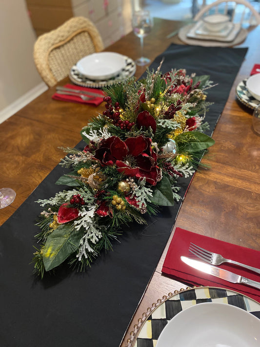 Velvet Wine Red Magnolia Holiday Centerpiece, LED Lights & Timer