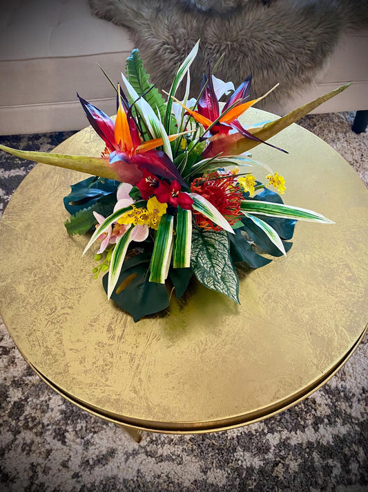 Low profile Tropical Floral Centerpiece, Bird of Paradise and  Orchid 15” diameter  11” height