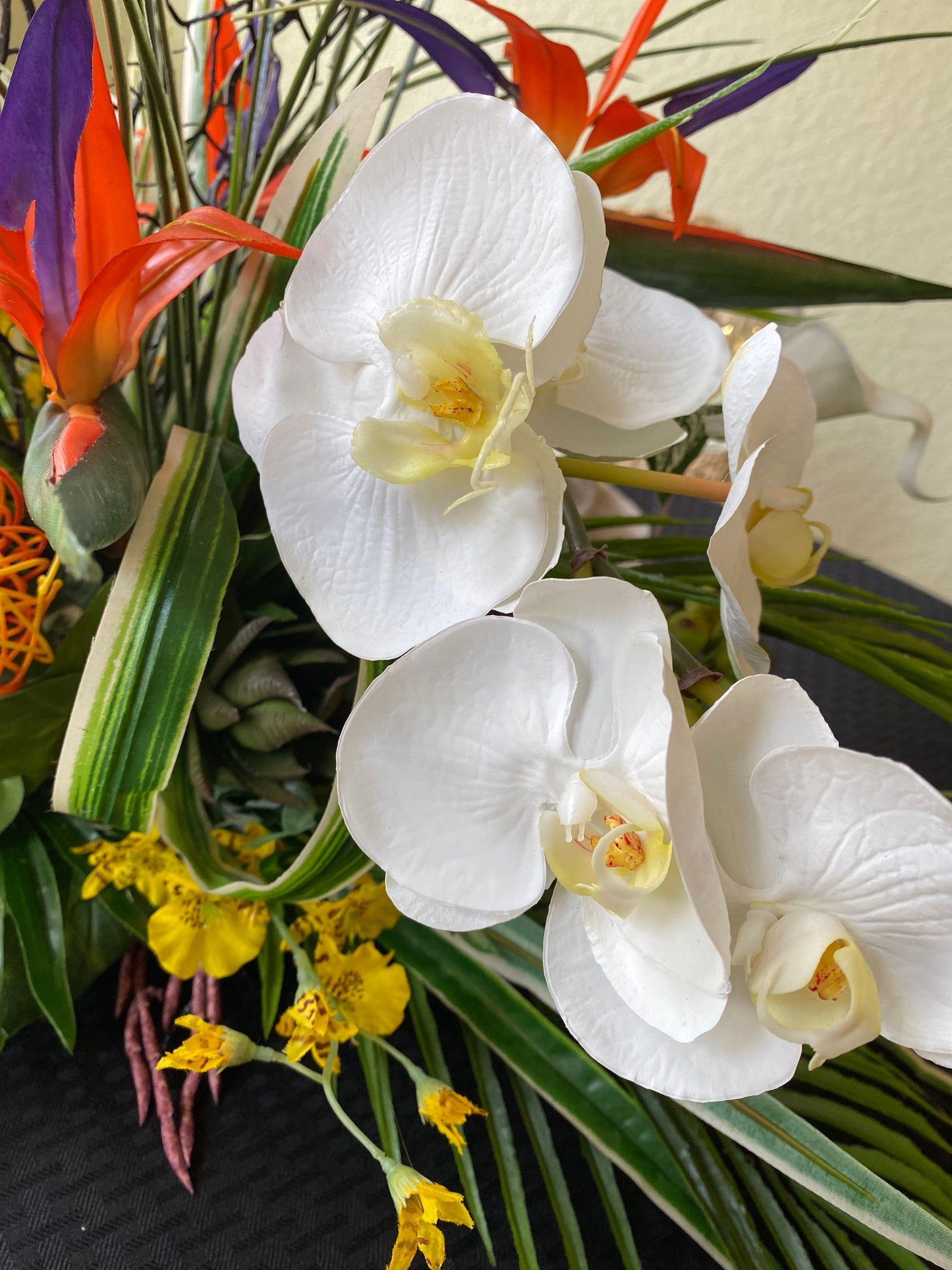 Tropical Bird of Paradise Centerpiece, Faux Orchid Coral Fan, 30"