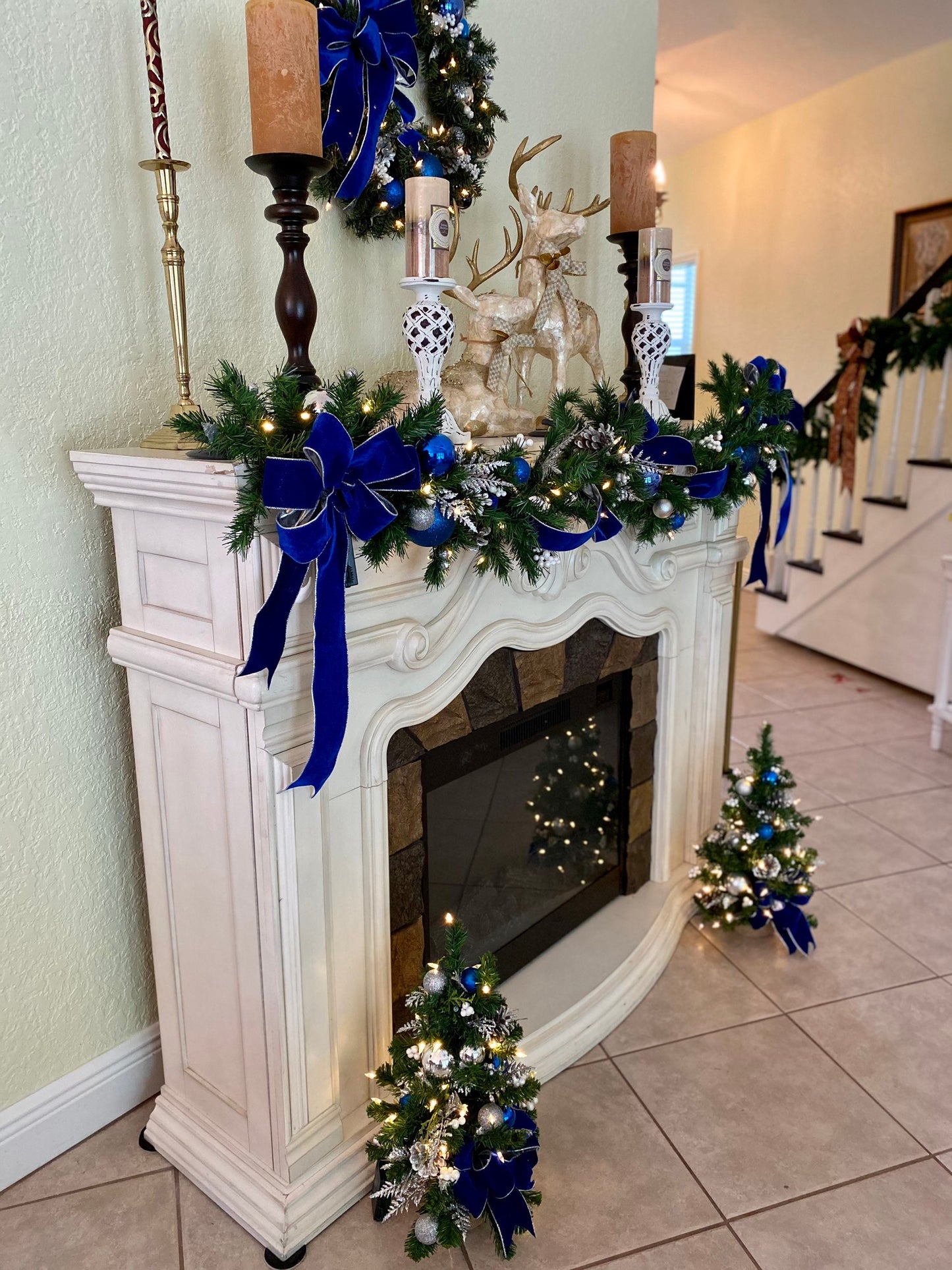 Set of 4pc,  Christmas Blue Velvet Wreath, Garland and 2 Topiaries. Cordless, Pre-lit, Pre-Decorated,