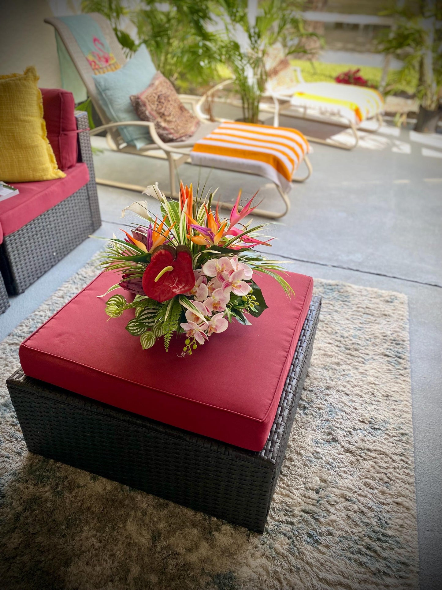 Paradise Found. 18x18x15  Tropical Centerpiece.  Beautiful Bird of paradise, King Protea, Orchids stems.  Artificial, Faux, Silk,
