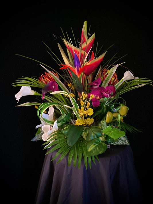 Exotic Hawaiian Heliconia Arrangement: Bird of Paradise, Purple Protea, Coral Fan (20”x13”)