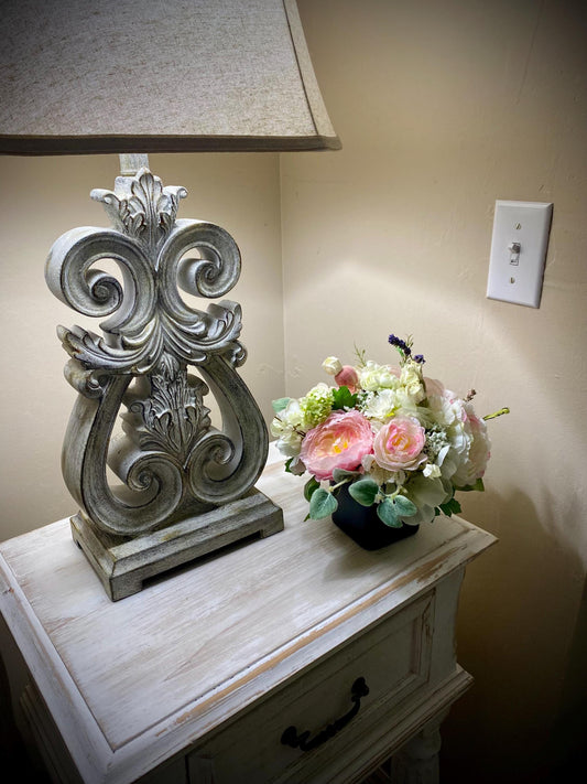 50% off Beautiful Ranunculus Nosegay in black glass cube. Baby Pink, Artificial ,  9"x9"