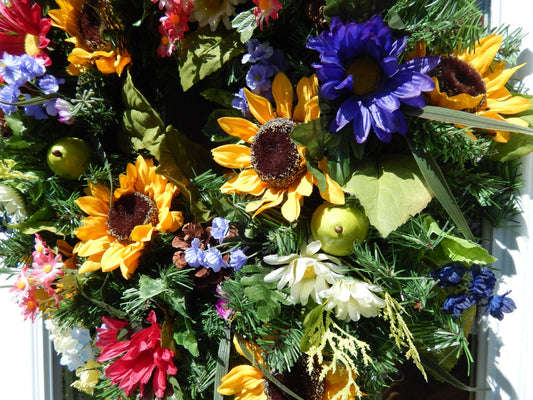 Sunflower Wildflower Wreath for Front Door, Floral Everyday Wreath