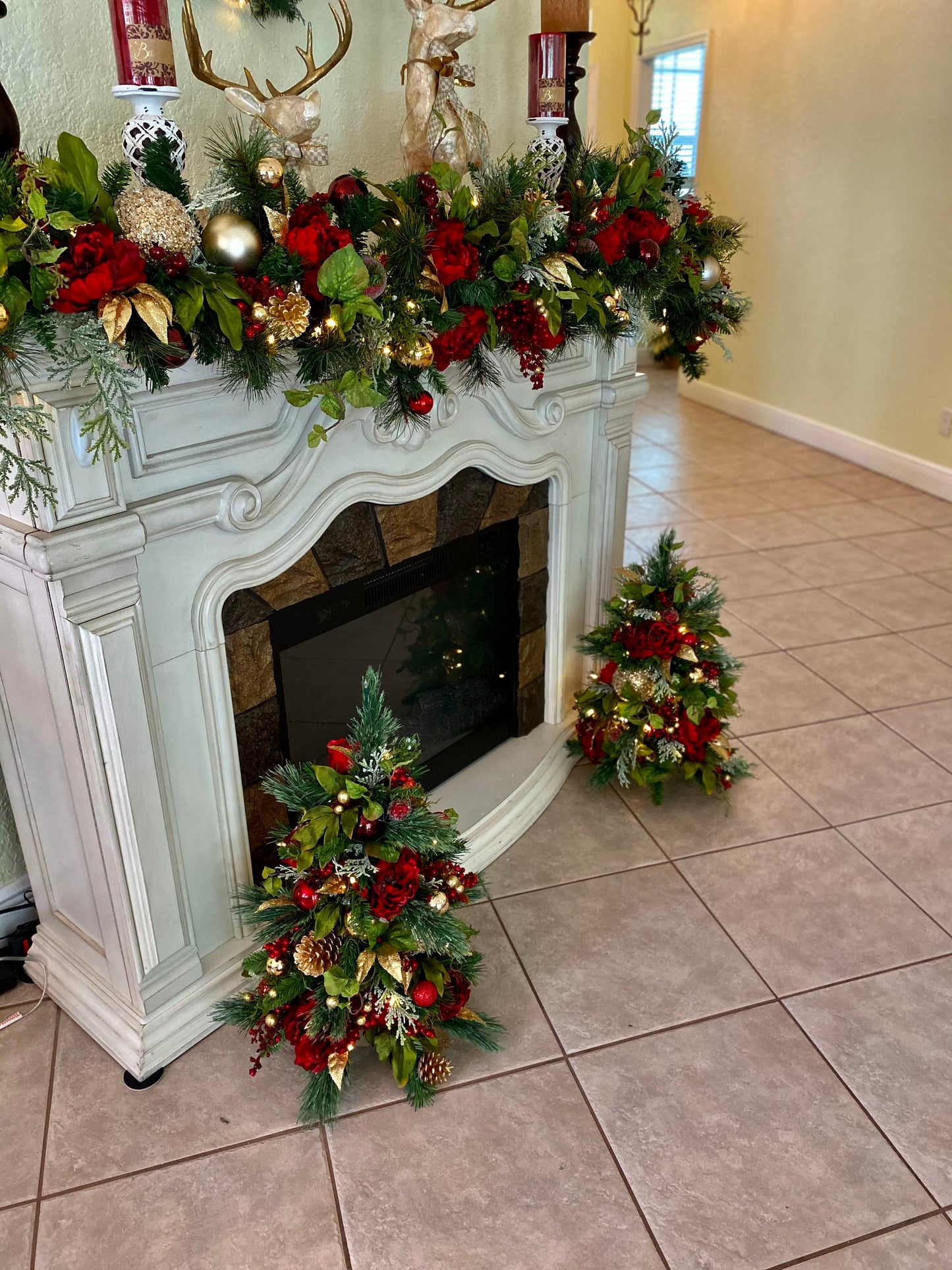 Signature Dark Red Peony Christmas Decor, 4PC Set. Silk Luxury Wine Red Peonies Mix , Wreath, Garland, 2 Trees, Cordless, Pre-lit,