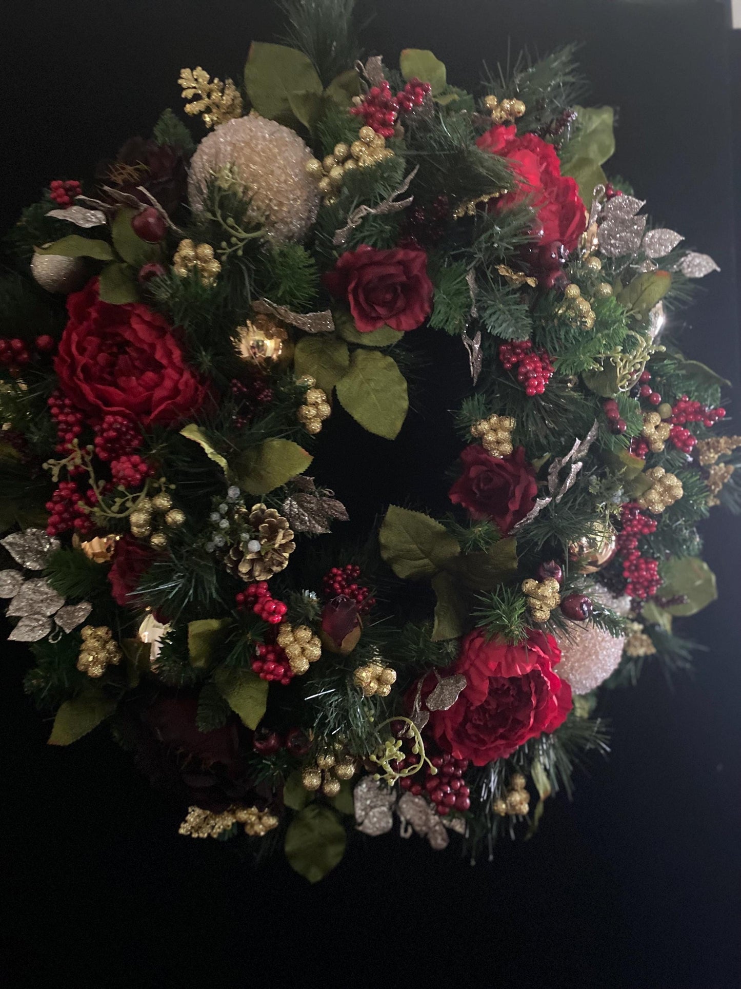 XL  36" Red Christmas Wreath,Wreaths, Pre Lit LED Cordless Light, Ruby Red, Gold, Peony Mix. Artificial, Ever Lasting,  Burgundy, Elegant,